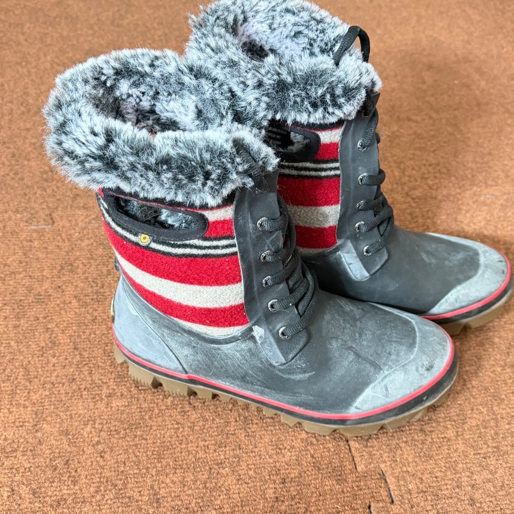 Bogs Arcata Stripe Womens Winter Boots Waterproof Faux Fur Red Grey 72105-640 10